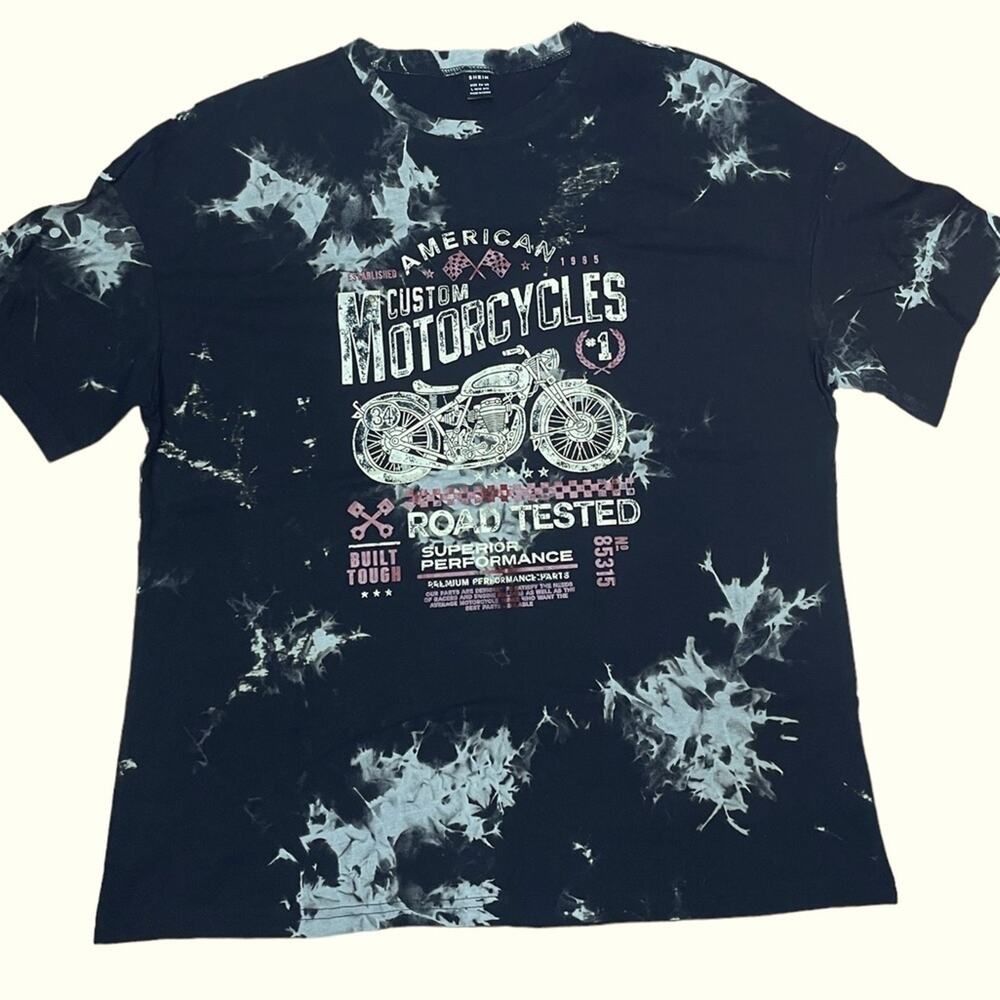 Shein T-Shirt Mens Large Moto Biker Streetwear Tie Dyed Cotton Graphic Tee Black